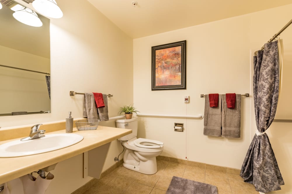 Bathroom in a residence at Pacifica Senior Living Ellensburg in Ellensburg, Washington