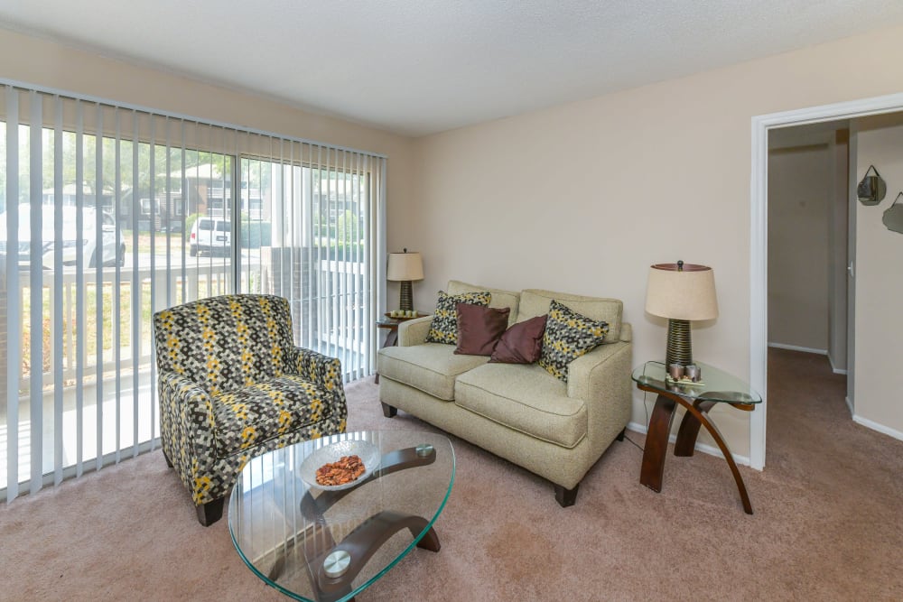 Living room with comfortable seating at The Oasis at Regal Oaks in Charlotte, North Carolina