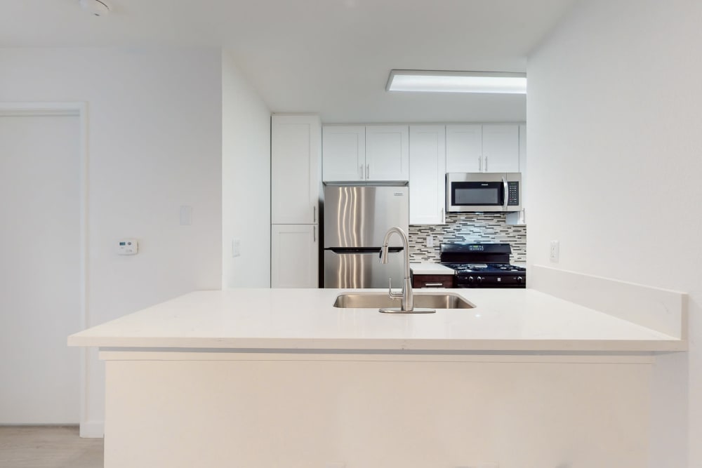 Bright white counters at Club Marina Apartments in Los Angeles, California