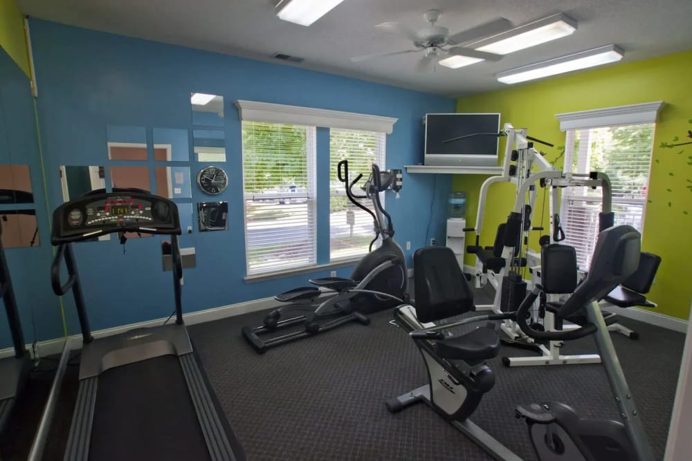 Modern fitness center at Fieldstone Apartment Homes in Mebane, North Carolina