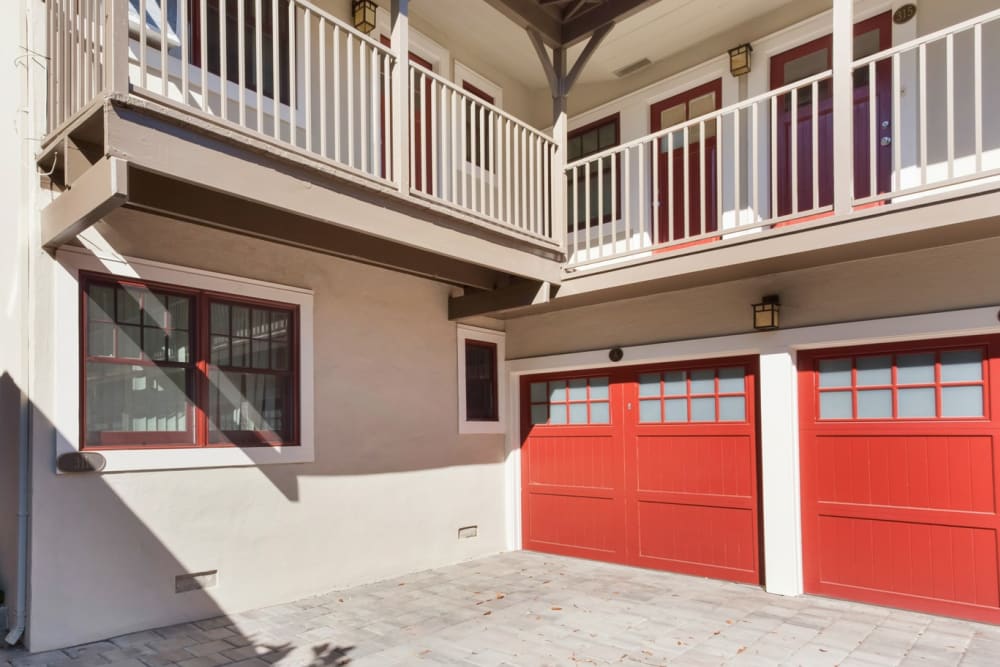 Garages below the apartments at Hawthorne Apartments in Palo Alto, California