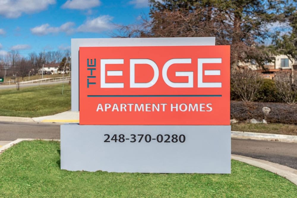Exterior sign at The Edge at Oakland in Auburn Hills, Michigan