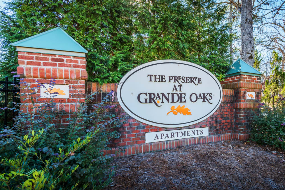 Sign at the main entrance to The Preserve at Grande Oaks in Fayetteville, North Carolina