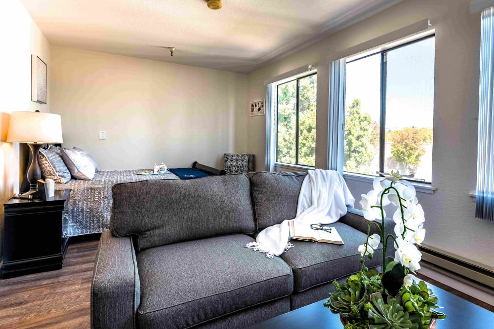 Living room in an apartment at Pacifica Senior Living San Leandro in San Leandro, California