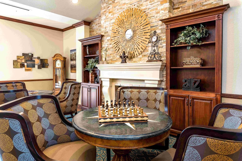 Seating and table inside at Pacifica Senior Living San Leandro in San Leandro, California