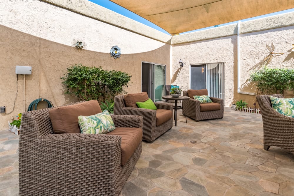 Outdoor seating at Pacifica Senior Living Santa Barbara in Santa Barbara, California