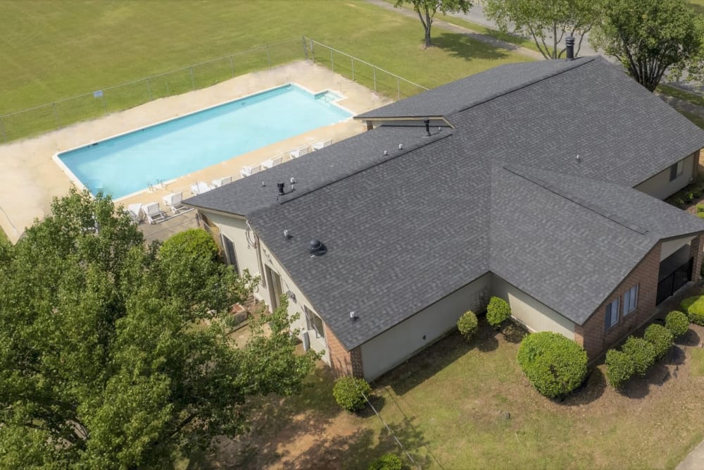 Aerial view of the swimming pool at Eastdale Apartments in Montgomery, Alabama