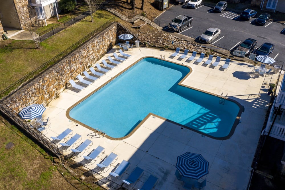 Drone shot of the swimming pool at Valley Station Apartment Homes in Birmingham, Alabama