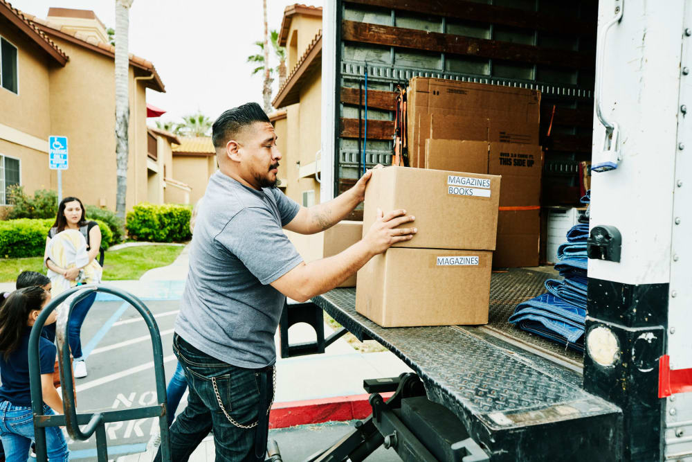 customer unloading a moving truck at Gilbert Self Storage in Fullerton, California