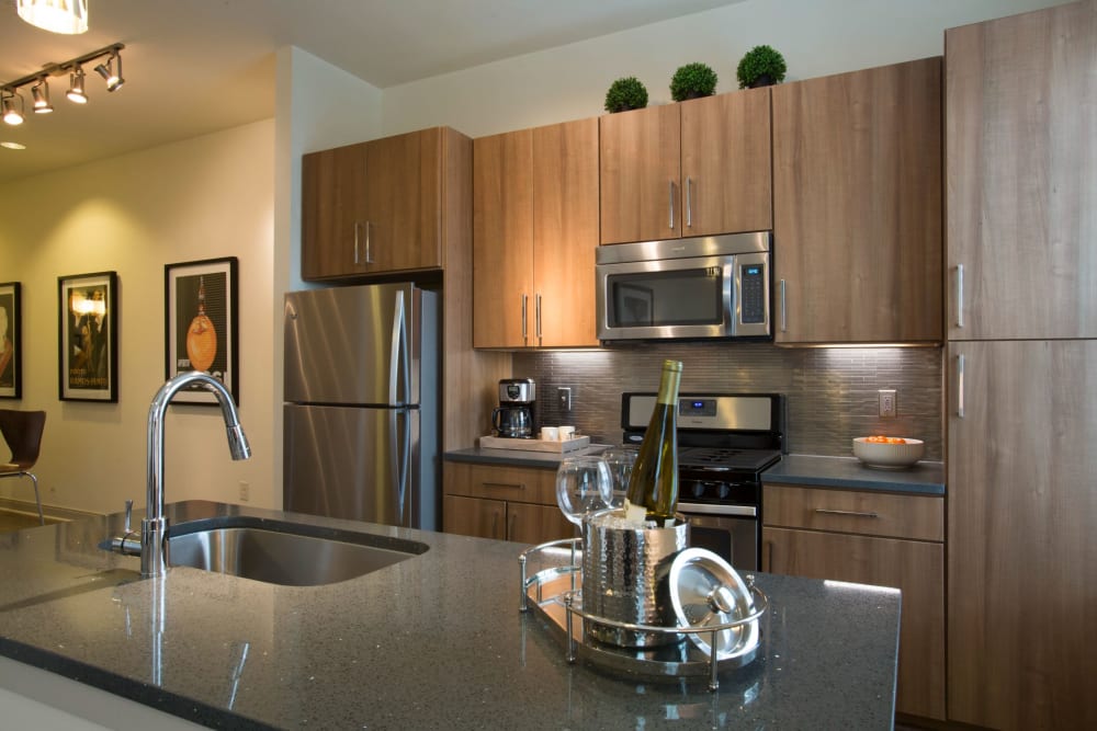 Luxury kitchen with stainless steel appliances at Olympus at Memorial in Houston, Texas