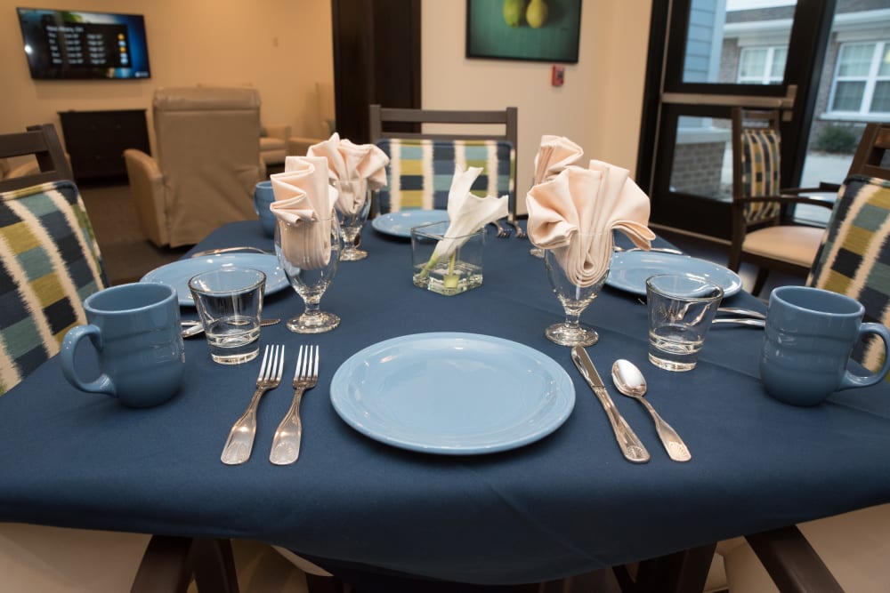 An elegantly set dining table at Liberty Station Health Campus in Liberty Township, Ohio