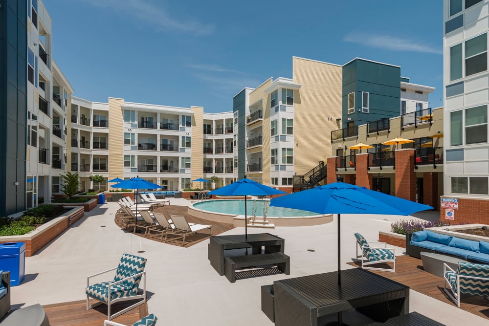 Poolside deck and shaded seating at Element at Ghent in Norfolk, Virginia