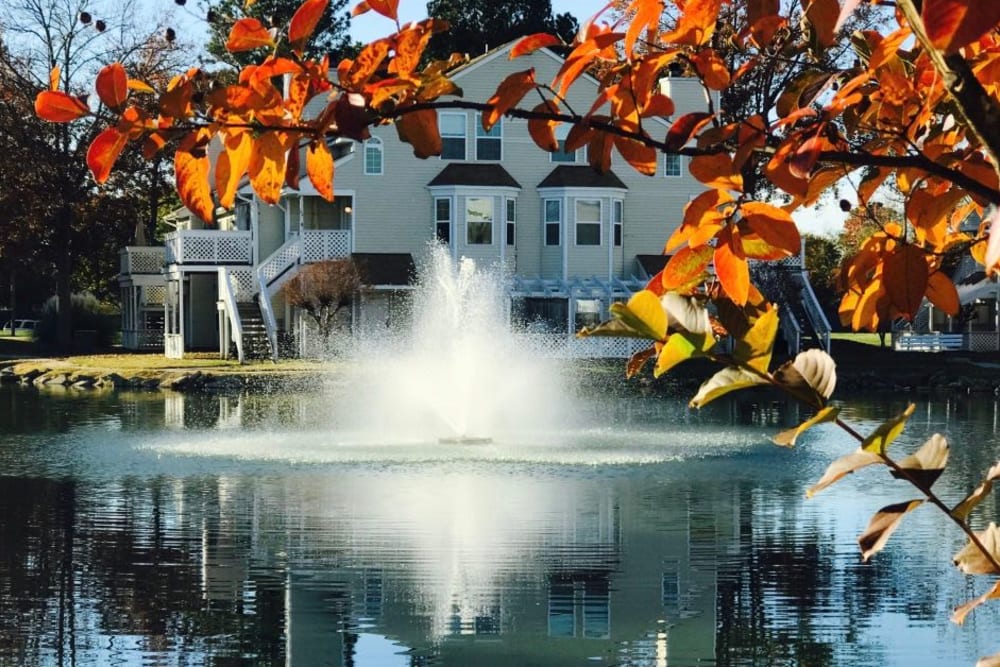 Gorgeous fall view of lake and fountain at willow lake apartments in virginia beach virginia