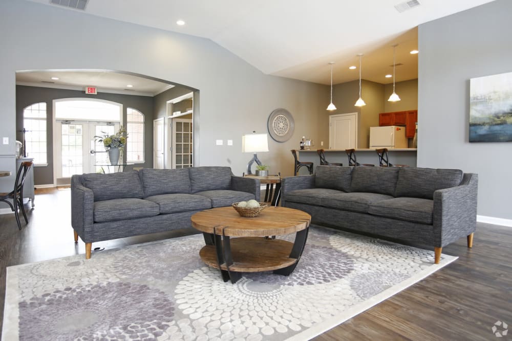 Leather sofas in resident clubhouse at Watersedge in Champaign, Illinois