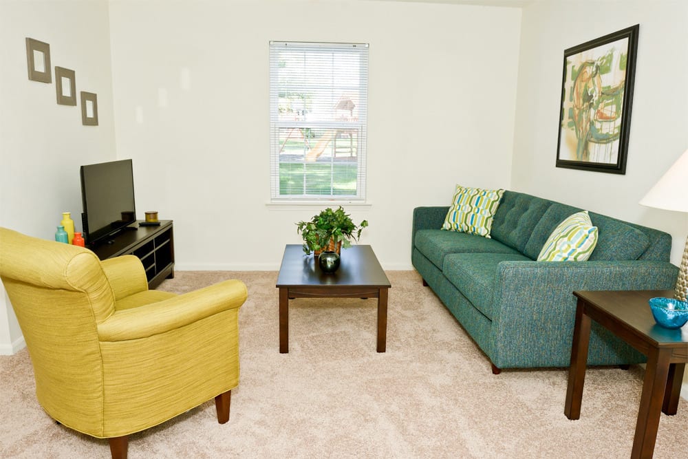 Model apartment with plush carpeting at Hunters Point in Zionsville, Indiana