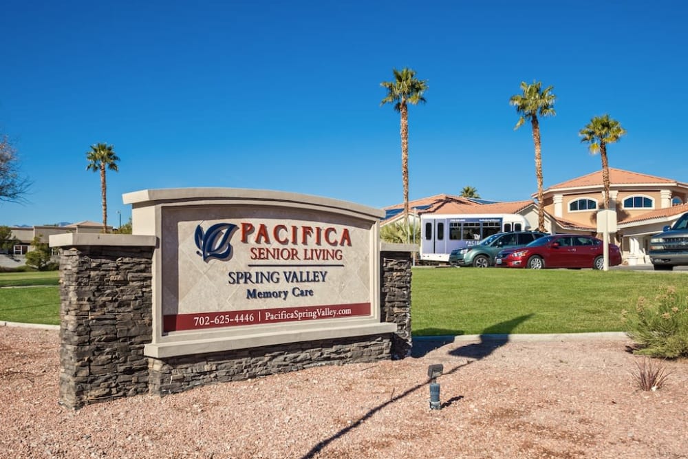 Front entrance with signage at Pacifica Senior Living Spring Valley in Las Vegas, Nevada