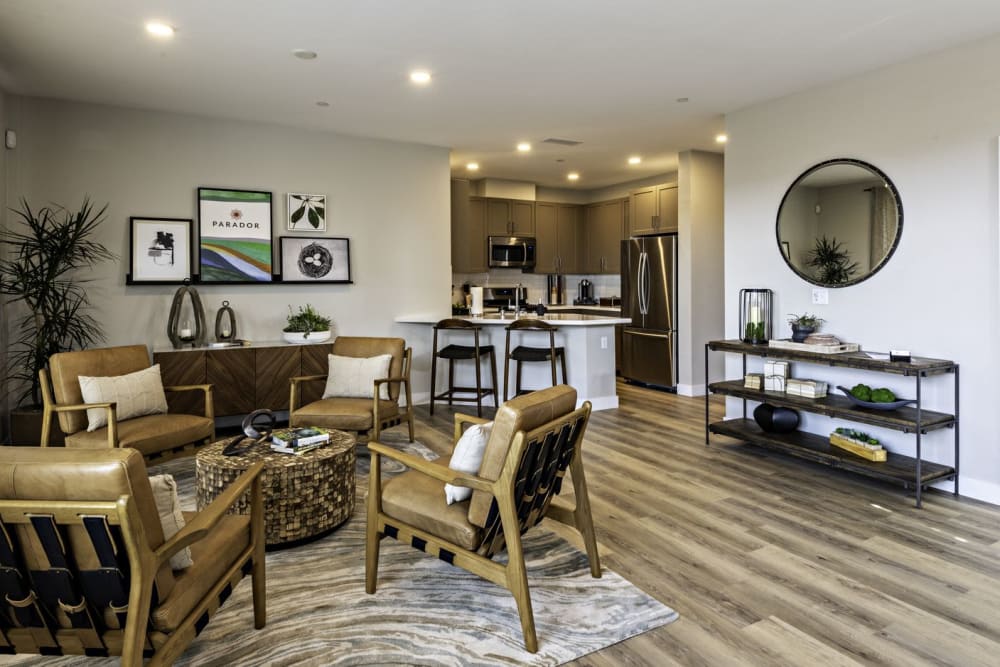 Spacious living room and kitchen at Parador Townhomes in Clovis, California