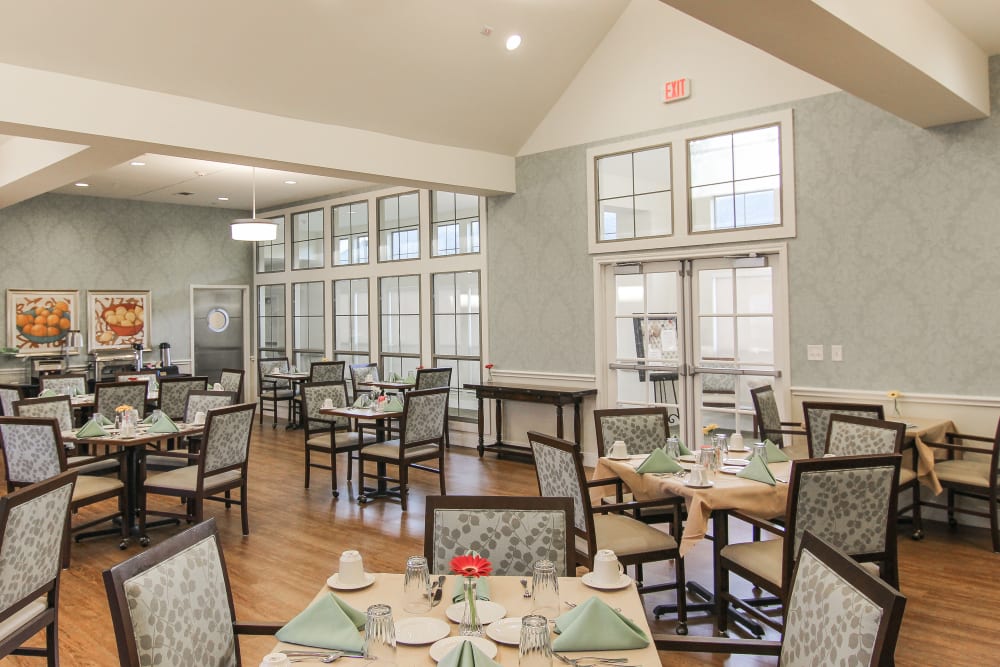 The community dining room at Village on the Park Onion Creek in Austin, Texas