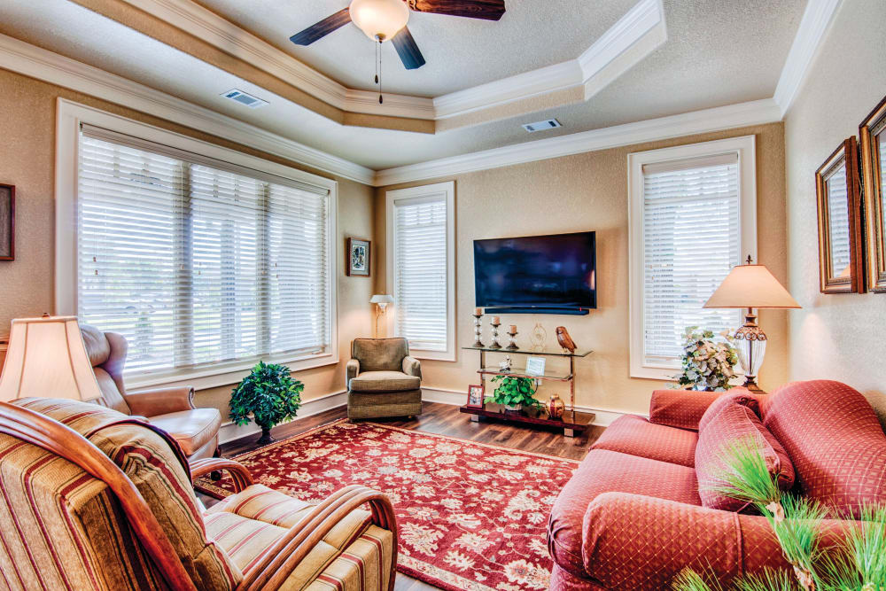 Wood flooring in a cottage living room at Village on the Park Rogers in Rogers, Arkansas