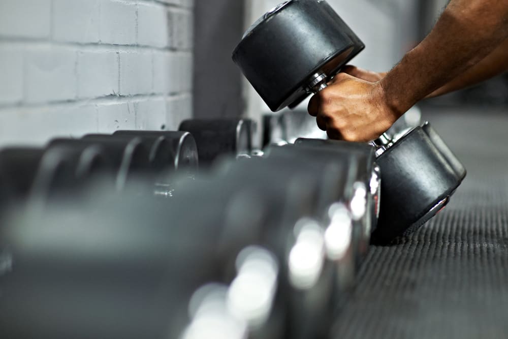 Lifting weights in the fitness center at Crescent at Shadeland in Lexington, Kentucky