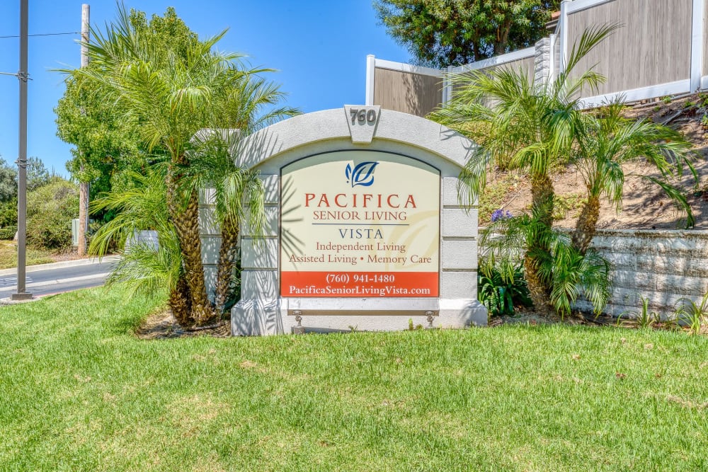 Exterior view with signage at Pacifica Senior Living Vista in Vista, California