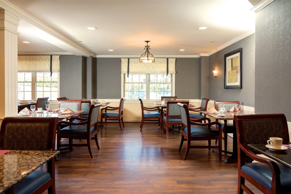 Spacious dining room at Pacifica Senior Living Victoria Court in Cranston, Rhode Island