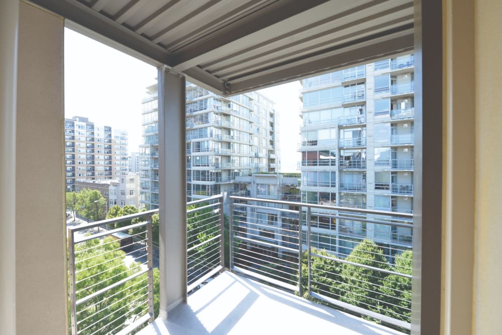 Balcony with city view at 2900 on First Apartments in Seattle, Washington