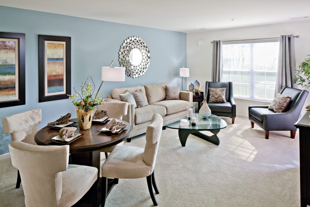 Apartment living and dining rooms at Vista at Town Green in Elmsford, New York