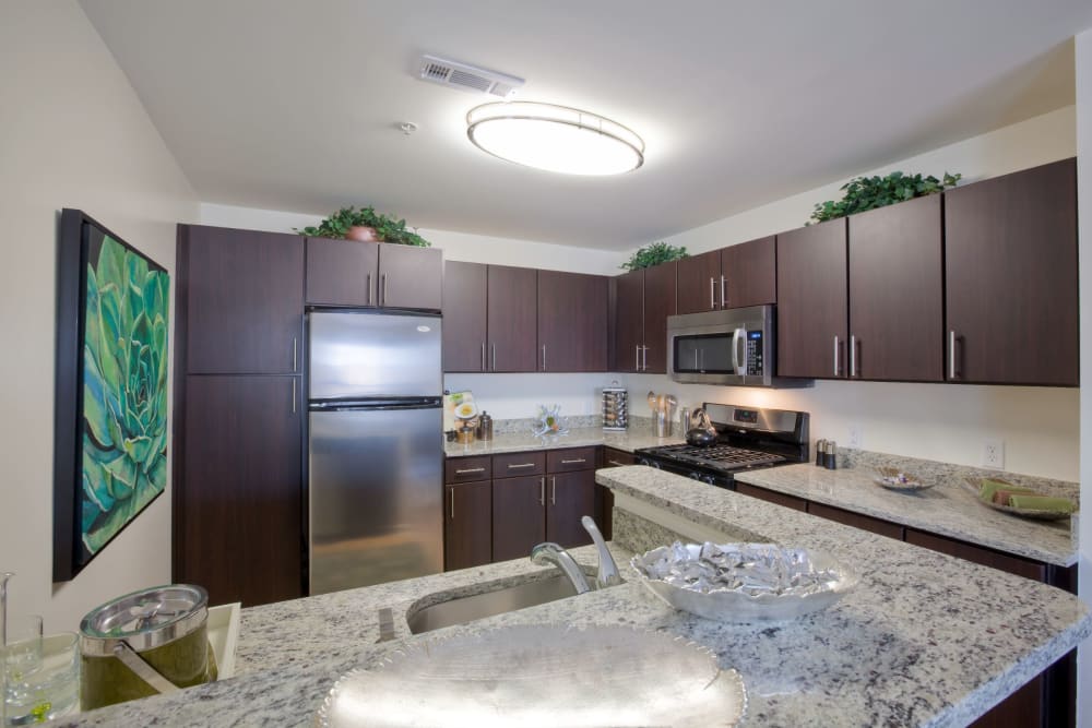 Townhome kitchen with stainless-steel appliances at Vista at Town Green in Elmsford, New York