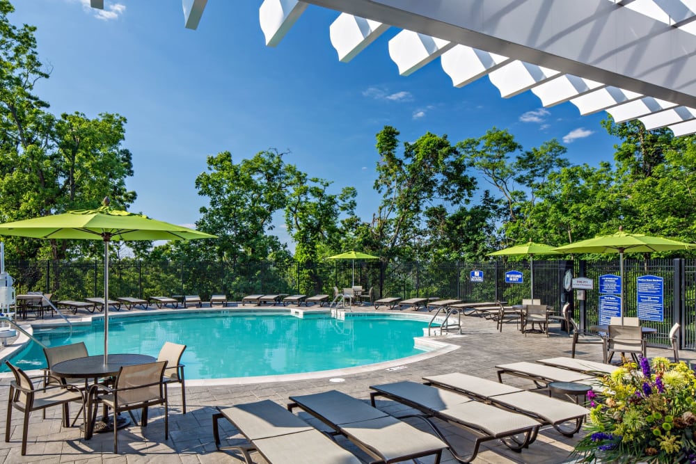 Lounge chairs next to resort style pool at Vista at Town Green in Elmsford, New York