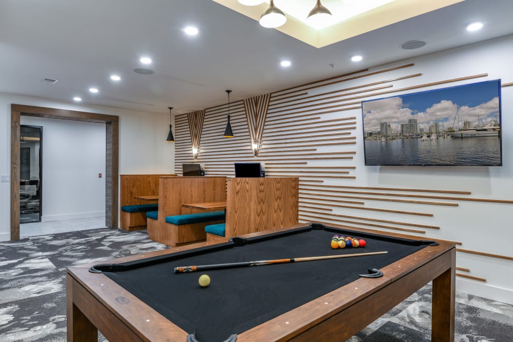 Large recreation room with pool table at Soba Apartments in Jacksonville, Florida