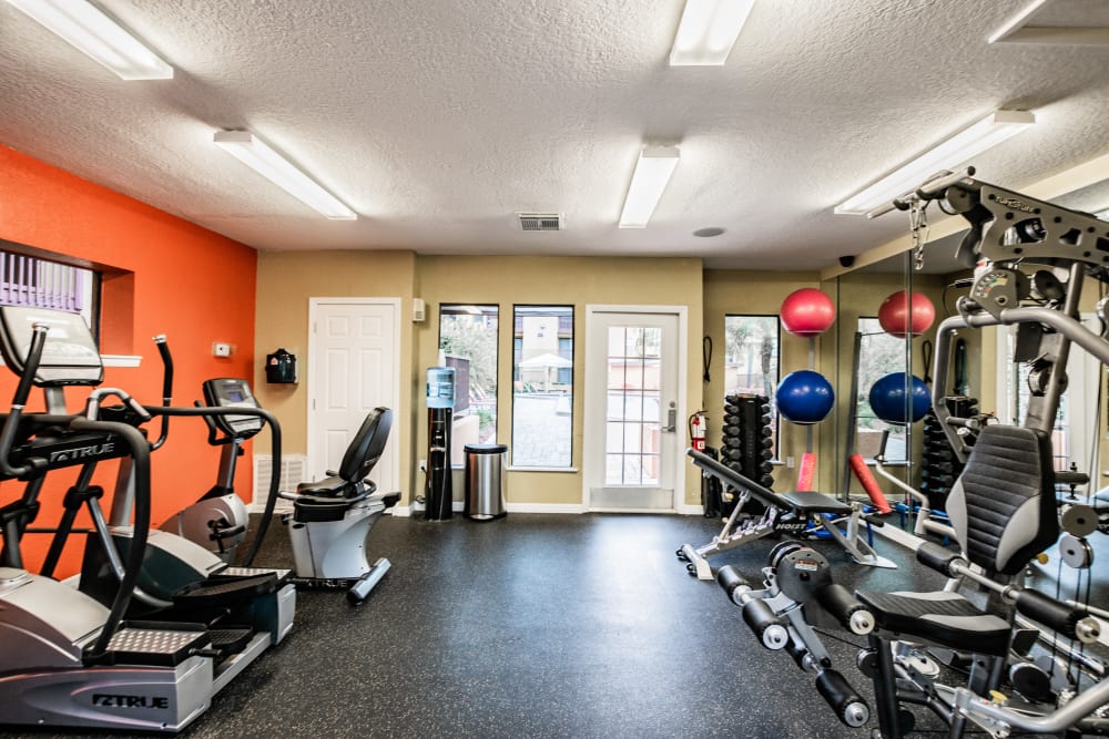 Well-equipped fitness center looking towards swimming pool at Waterstone At Carrollwood in Tampa, Florida