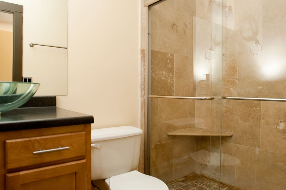 Bathroom with glass shower doors at Crescent at Shadeland in Lexington, Kentucky