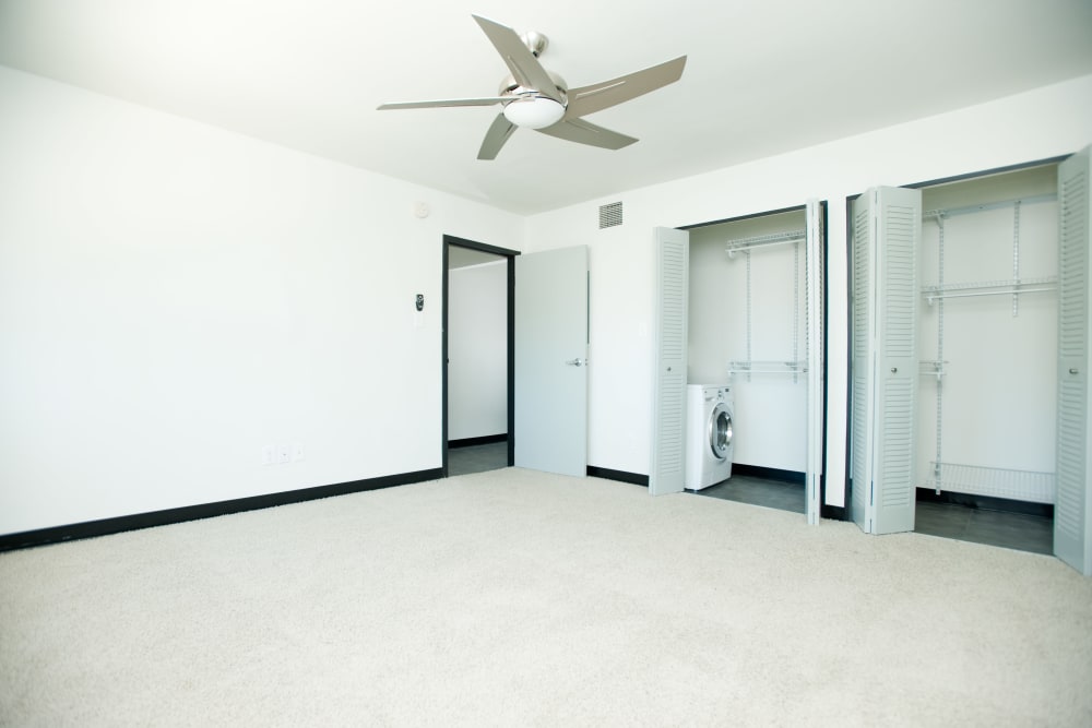 Spacious bedroom with ceiling fan at 3Fifty8 in Lexington, Kentucky