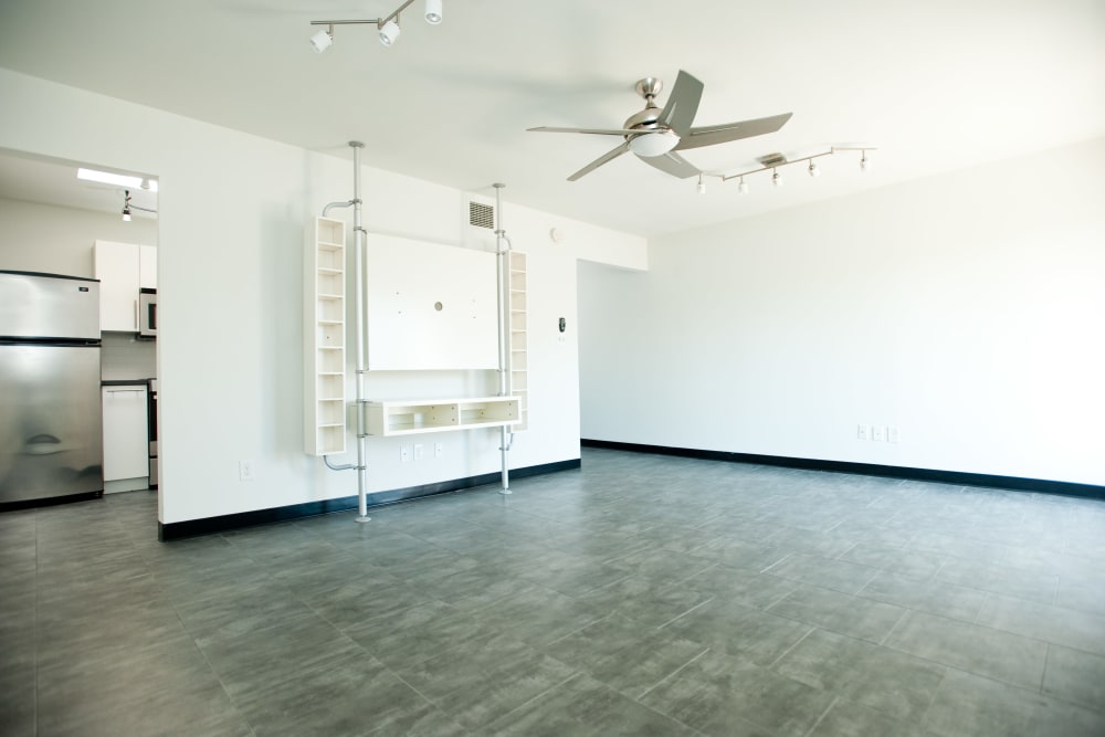 Living room with wood flooring at 3Fifty8 in Lexington, Kentucky