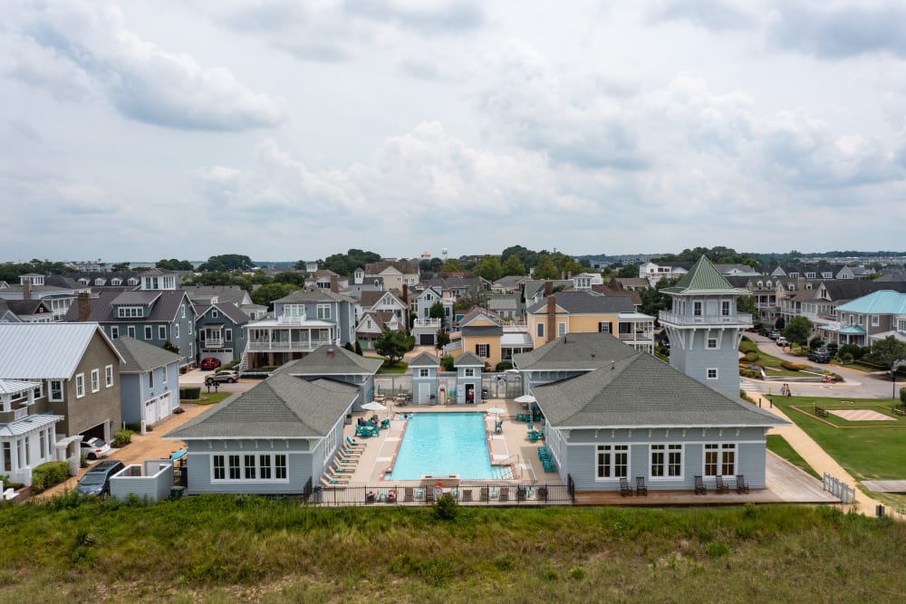 Aerial view of the pool at Village Square Apartments in Norfolk, Virginia