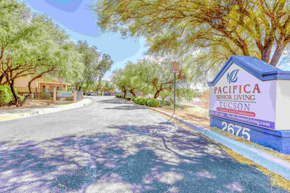Front entrance with signage at Pacifica Senior Living Tucson in Tucson, Arizona