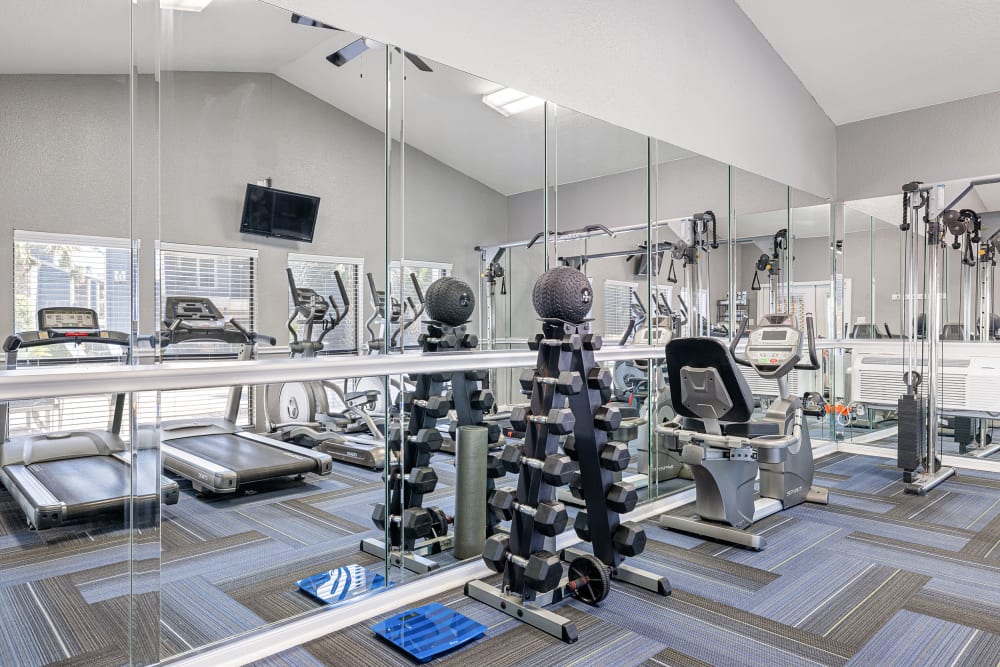 Cardio machines and free weights section in fitness room at Austin Midtown in Austin, Texas