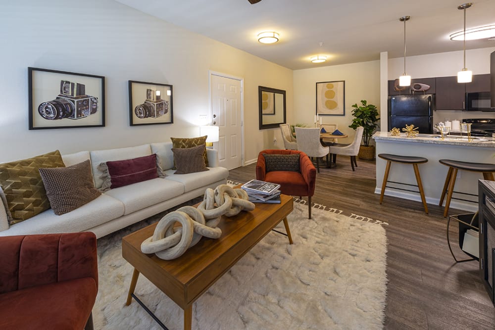Model living room at Brazos Crossing in Richwood, Texas
