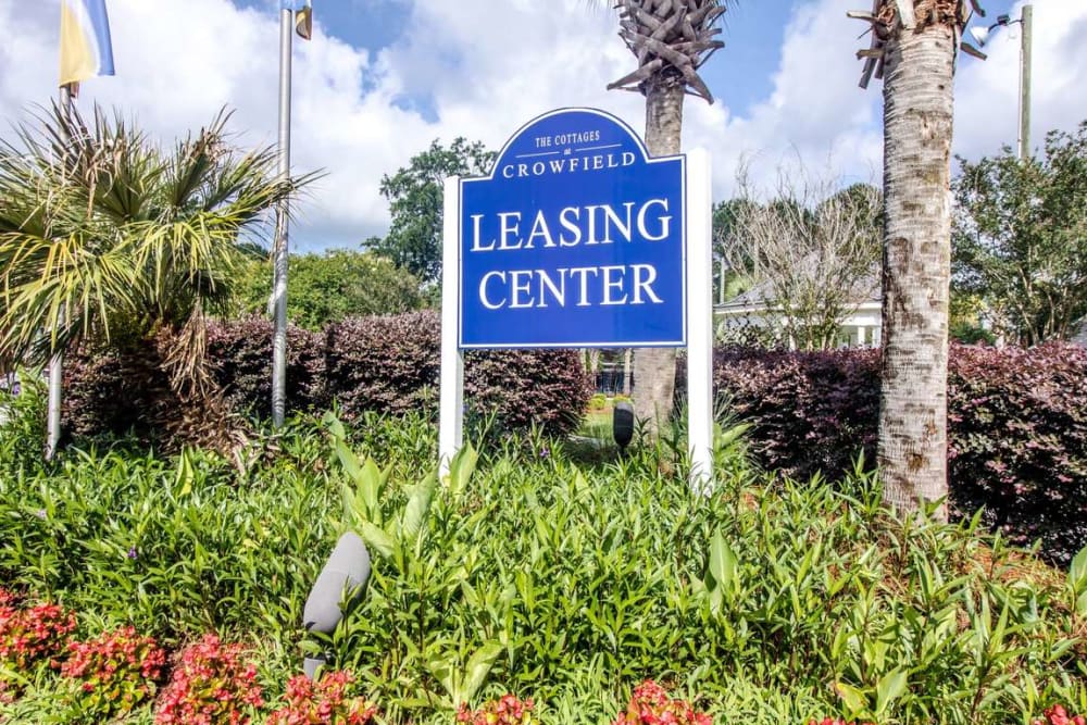Leasing office signage at Cottages at Crowfield in Ladson, South Carolina