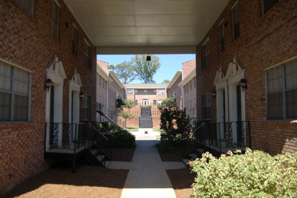 Covered apartment entrances at Windsor Hall in Atlanta, Georgia