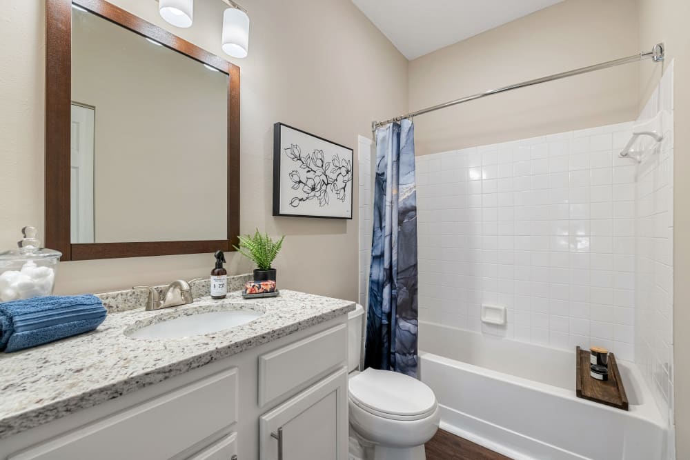 Bathroom with white cabinets and counters at The Preserve at Ballantyne Commons in Charlotte, North Carolina