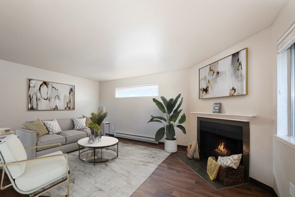 Well-decorated dining and living room at Latitude Apartments in Everett, Washington