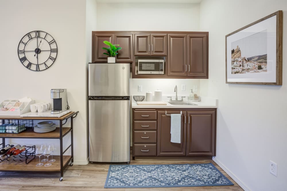 Cute and quaint kitchen at Timber Pointe Senior Living in Springfield, Oregon. 
