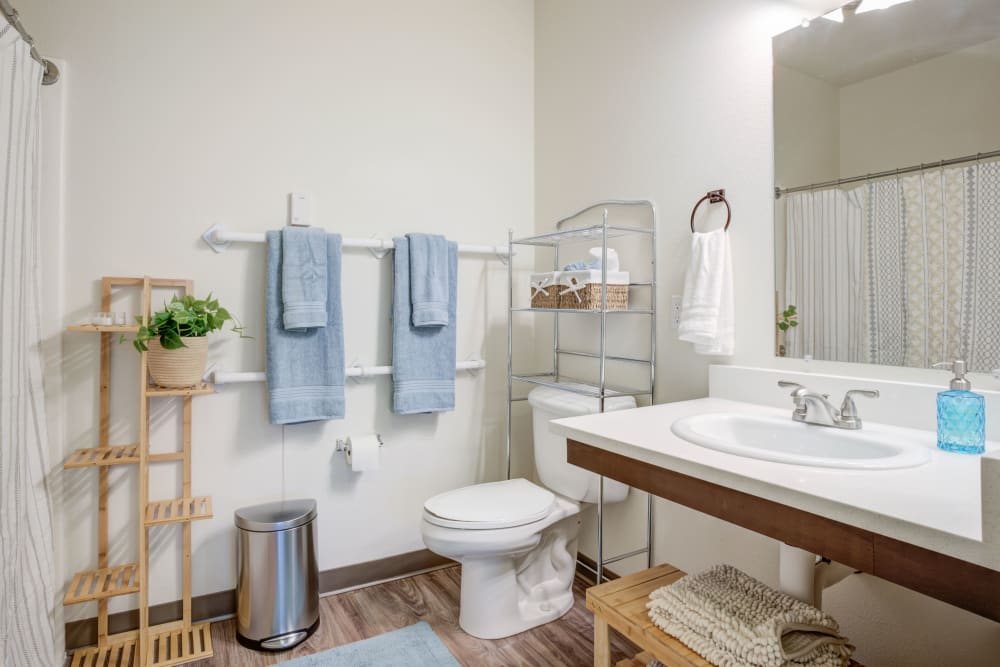 Spacious and remodeled bathroom at Timber Pointe Senior Living in Springfield, Oregon. 