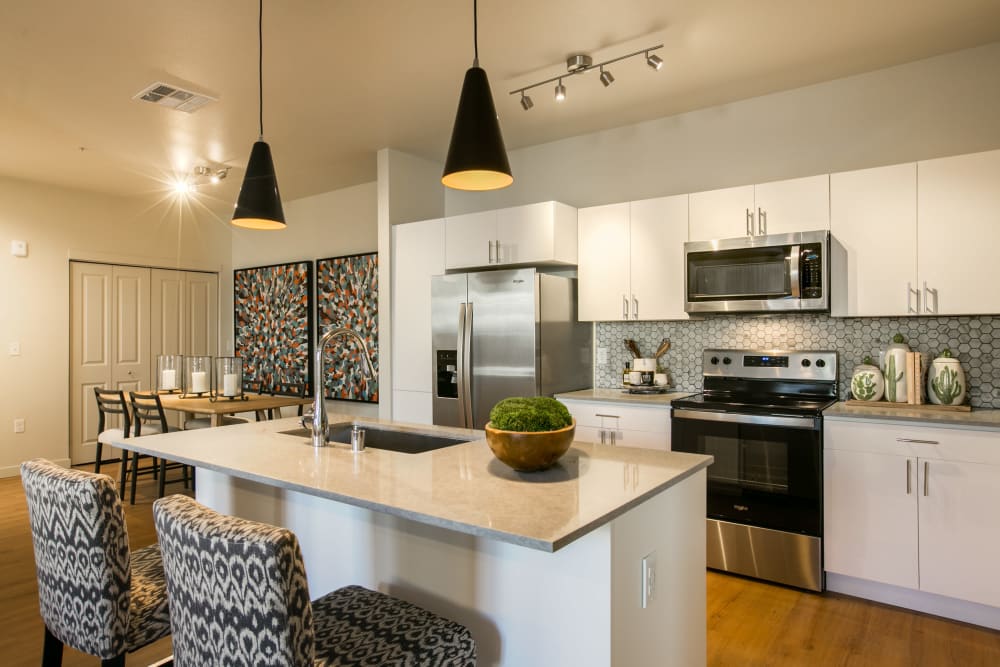 Well appointed kitchen with stainless-steel appliances at Olympus de Santa Fe, Santa Fe, New Mexico 