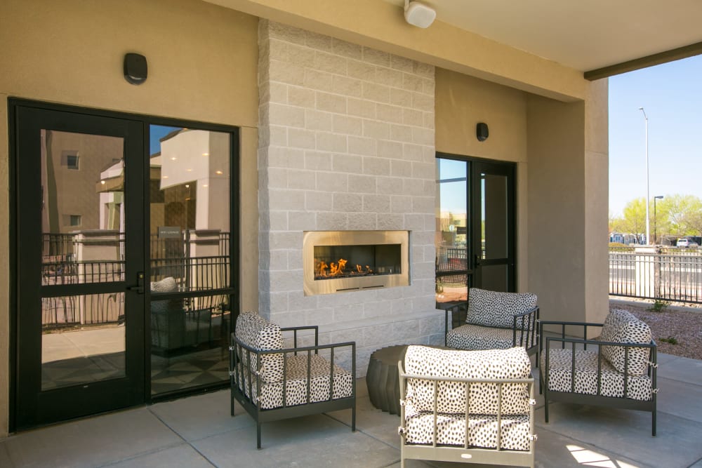 Outdoor fireplace at Olympus de Santa Fe, Santa Fe, New Mexico 