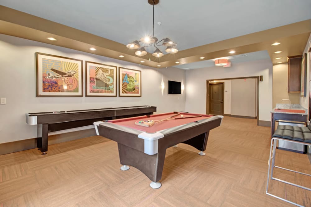 Pool table and shuffleboard in the resident lounge at Duet in Nashville, Tennessee