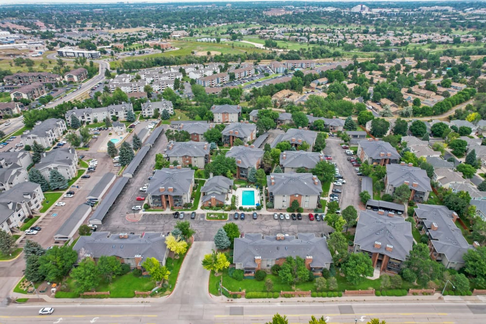 An aerial view of the property at Arapahoe Club Apartments in Denver, Colorado