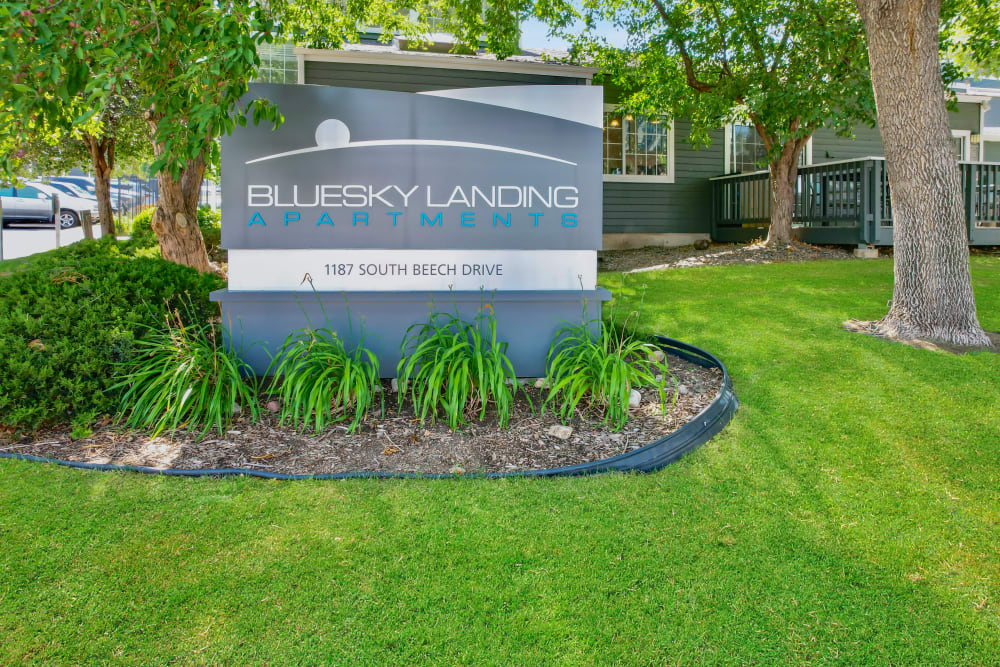 The front sign at Bluesky Landing Apartments in Lakewood, Colorado